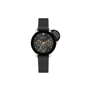 Women's Genuine Diamond Mock Chronograph Black Dial Gold-Tone Case and Mesh Strap Analog Watch 30mm