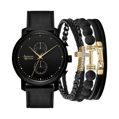Men's Black Faux-Leather Strap Watch 44mm Gift Set