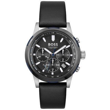 Men's Solgrade Solar Quartz Chronograph Black Leather Strap Watch 44mm