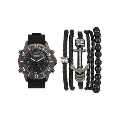 Men's Shiny Black Analog Quartz Watch And Stackable Gift Set