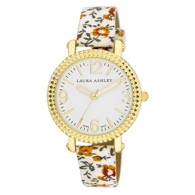 Women's White Floral Band Fluted Bezel Watch
