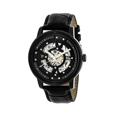 Belfour Automatic Black Case, Genuine Black Leather Watch 44mm