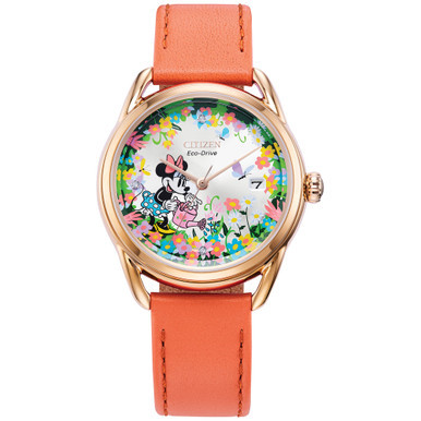 Eco-Drive Women's Disney Minnie Mouse Diamond Accent Pink Leather Strap Watch 36mm