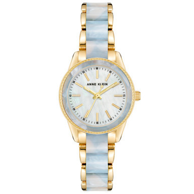 Women's Three Hand Quartz Gold-tone Alloy and Light Blue Marbled Acrylic Link Bracelet Watch, 30mm