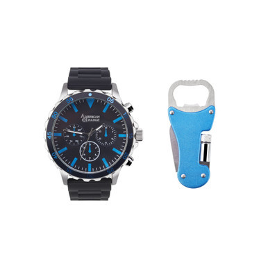 Men's Quartz Movement Black Silicone Strap Analog Watch, 50mm and Multi-Purpose Tool with Zippered Travel Pouch