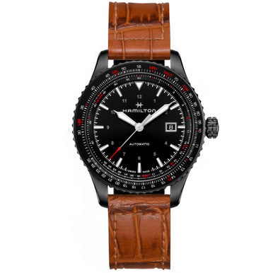 Men's Swiss Automatic Khaki Aviation Converter Brown Leather Strap Watch 42mm