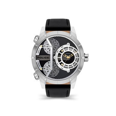 Men's Triple Time Black Leather Strap Watch 50mm