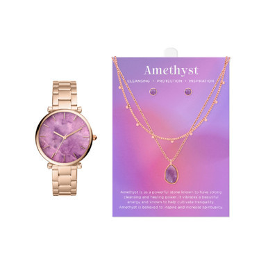 Women's Analog, Three-Hand Quartz Shiny Rose Gold-Tone Metal Bracelet Watch 34mm Gift Set