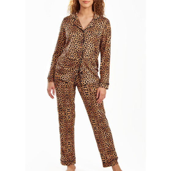 Women's Chiya Modal Leopard Pajama Pant Set with Button Down Collar, 2 Piece