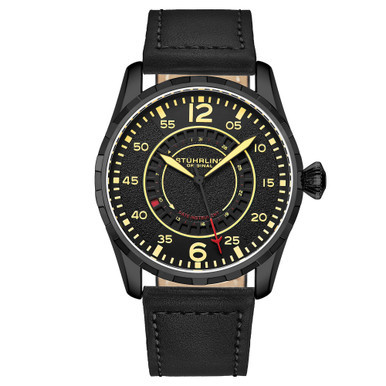 Men's Quartz Black Genuine Leather Strap Watch 44mm