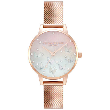 Women's Sparkle Butterfly Rose Gold-Tone Mesh Bracelet Watch 30mm