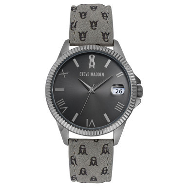 Women's Gray Polyurethane Leather Strap with Black Steve Madden Logo and Stitching Watch, 41mm