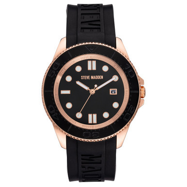 Men's Black Silicone Strap Embossed with Steve Madden Logo Watch, 44X50mm