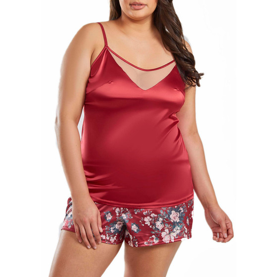 Jenna Plus Size Contrast Satin Tank and Floral Short Set