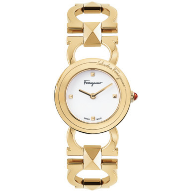 Women's Swiss Double Gancini Stud Gold Ion Plated Link Bracelet Watch 25mm