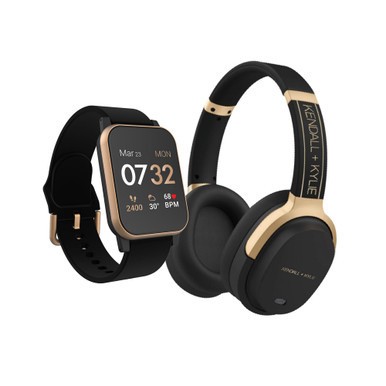 Women's Gold-Tone, Black Silicone Strap Smartwatch With Bluetooth Headphone Set 34mm