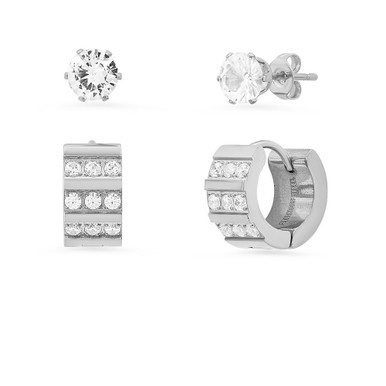 Women's 2 Pieces Set Stainless Steel and Simulated Diamond Cross Studs or Huggie Earrings Set