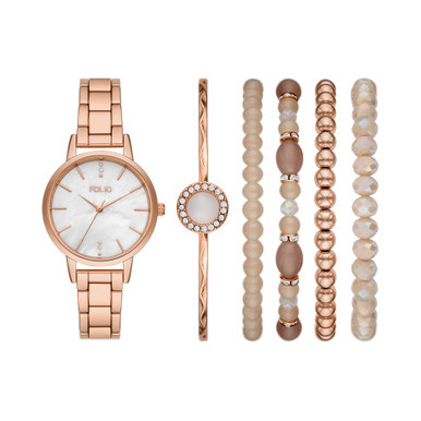 Women's Three Hand Rose-Gold-Tone 35mm Watch and Bracelet Gift Set, 6 Pieces