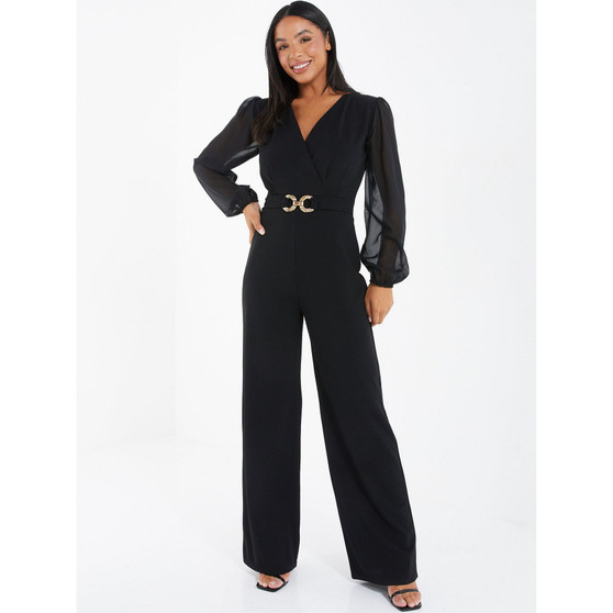 Women's Black Chiffon Buckle Palazzo Jumpsuit