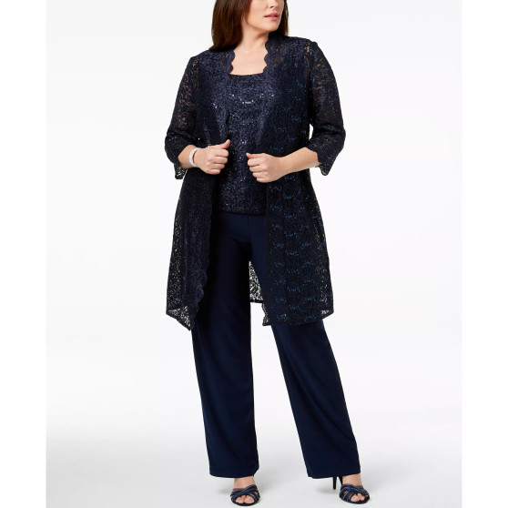 3-Pc. Plus Size Sequined Lace Pantsuit & Shell