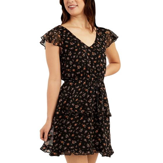 Juniors' V-Neck Flutter-Sleeve Fit & Flare Tiered Dress