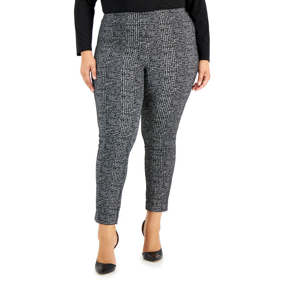Plus Size Glen Plaid Pull-On Slim-Leg Ankle Pants