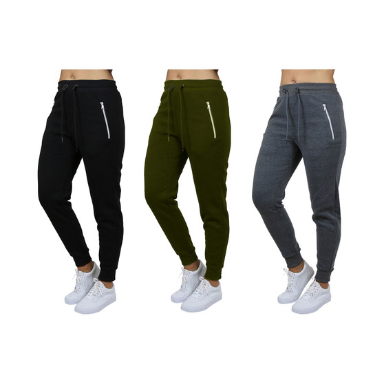 Women's Loose Fit Fleece Joggers with Zipper Pockets- 3 Pack