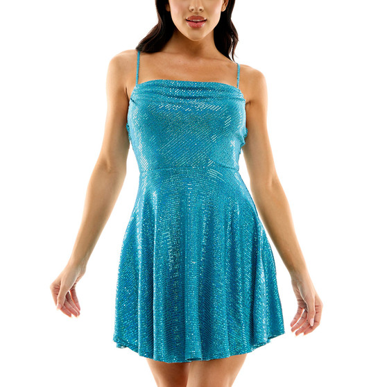 Juniors' Drape-Bodice Sleeveless Metallic Dress