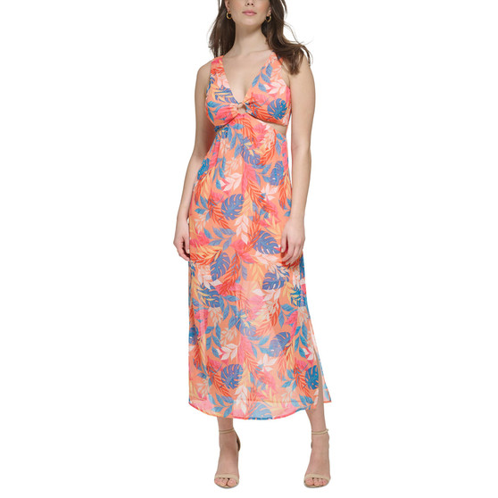 Women's Printed O-Ring Sleeveless Chiffon Dress