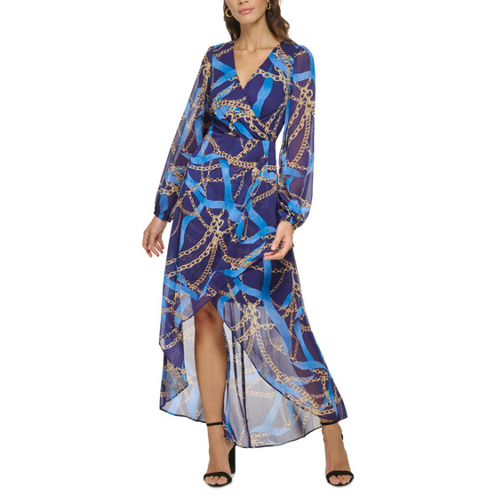 Women's High-Low Blouson-Sleeve Chiffon Dress