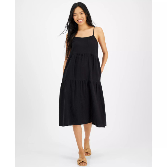 Juniors' Gauze Square-Neck Tiered Midi Dress