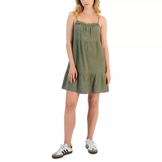 Juniors' Eyelet-Trim Sleeveless Tiered Dress
