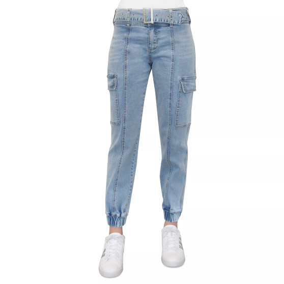 Crave Fame Juniors' High-Rise Belted Denim Cargo Pants