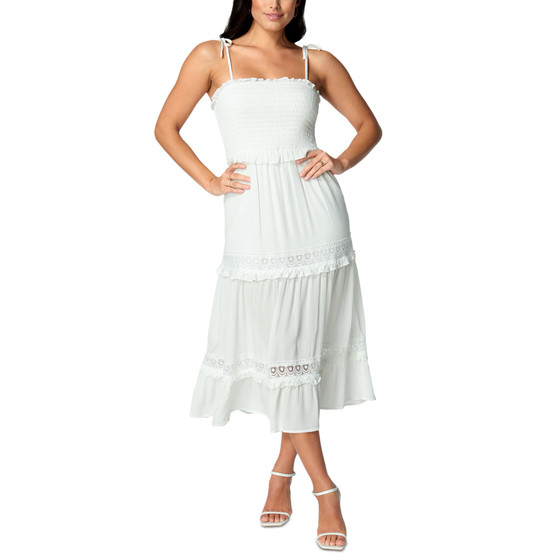 Smocked Lace-Inset Midi Dress