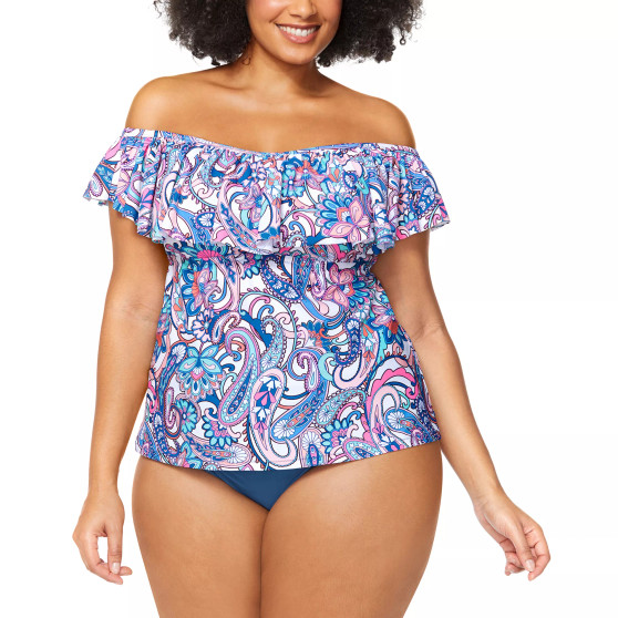 Trendy Plus Size Tortuga Flounce Tankini Top & Tummy-Control Bottoms
