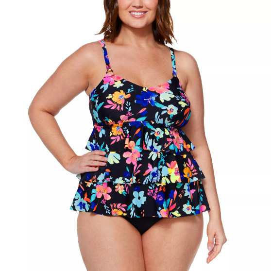 Plus Size Floral-Print Triple-Tier Tankini Top & Bottoms, Created for Macy's