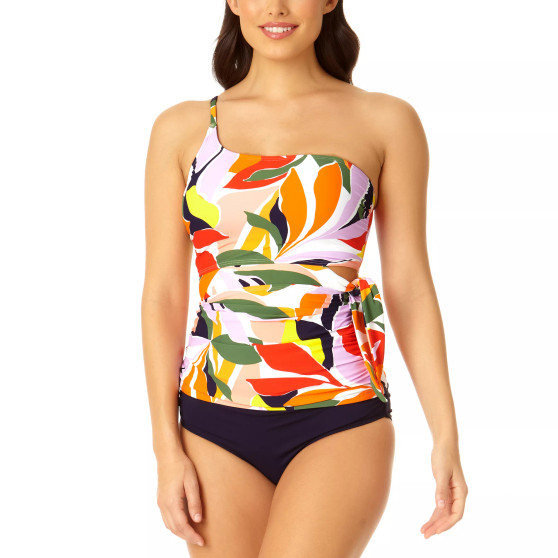 Women's Printed Asymmetrical Side-Tie Tankini Top & Solid High-Waist Bikini Bottoms
