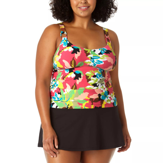 Plus Size O-Ring Printed Tankini Top & Banded Swim Skirt