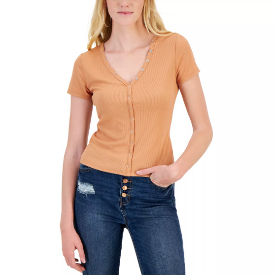 Juniors' Snap-Front Short-Sleeve Henley Tee