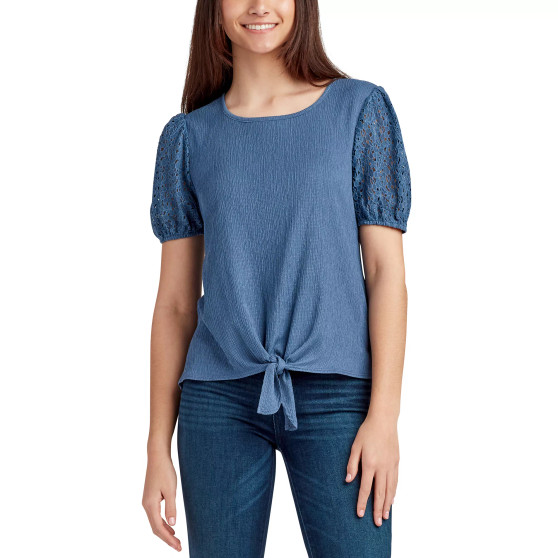 Juniors' Round-Neck Mixed-Media Tie-Hem Top