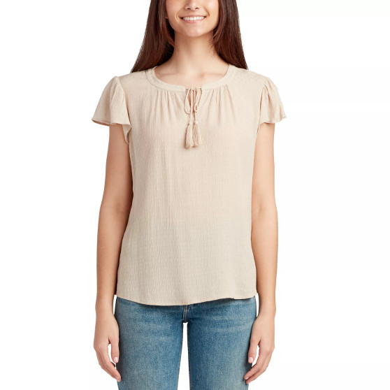 Juniors' Tie-Neck Flutter-Sleeve Textured Top