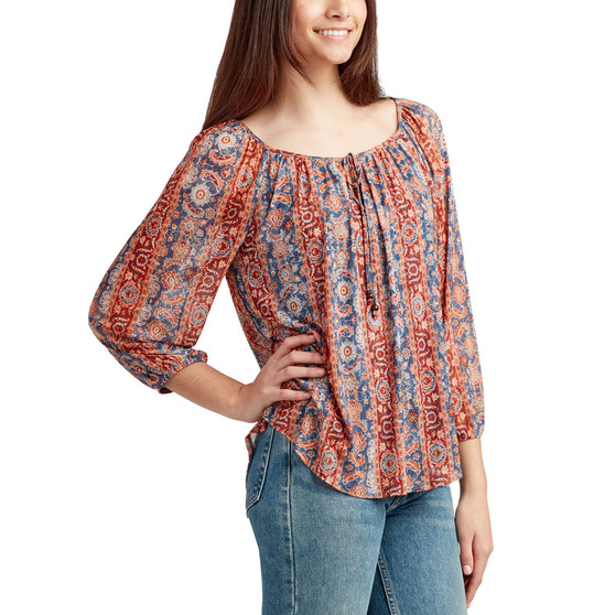 Juniors' Printed Mesh Peasant Top