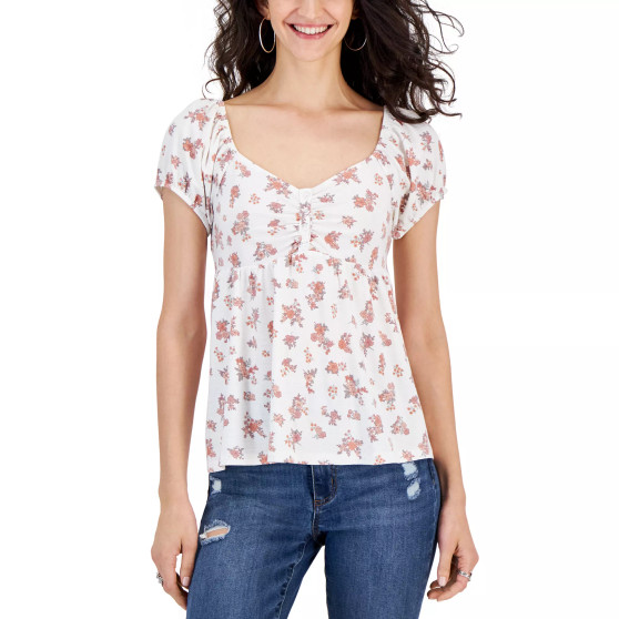 Juniors' Printed Puff-Sleeve Babydoll Top