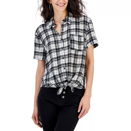 Juniors' Plaid Tie-Front Button-Down Shirt