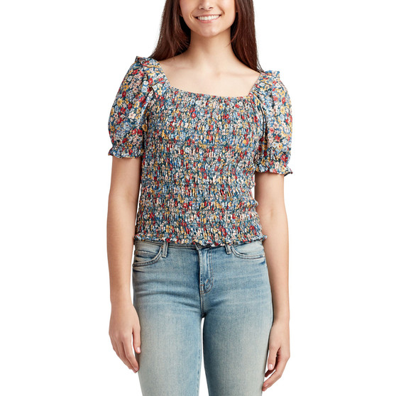 Juniors' Floral-Print Smocked Ruffled-Shoulder Top