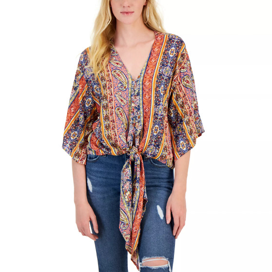 Juniors' Printed Tie-Front Top