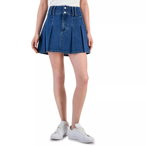 Juniors' Pleated Double-Button Denim Mini Skirt