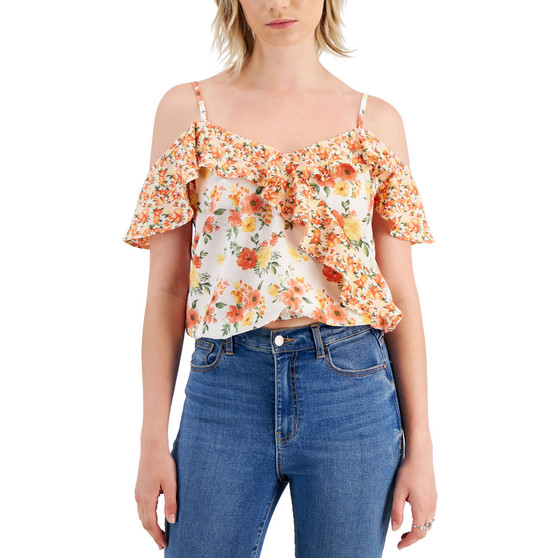 Juniors' Printed Cold-Shoulder Top