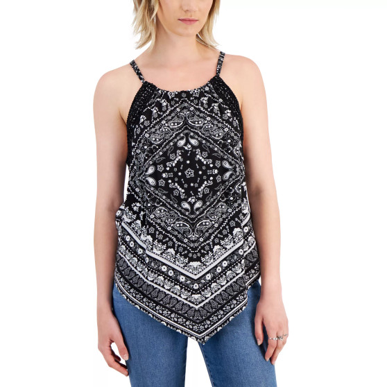 Juniors' Crochet-Trim Asymmetric-Hem Top