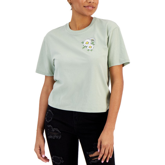 Juniors' Cropped Daisy Short Sleeve T-Shirt